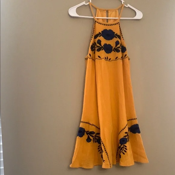 dark blue and yellow combination dress April Dress | Floral Cotton V-Neck Midi Dress